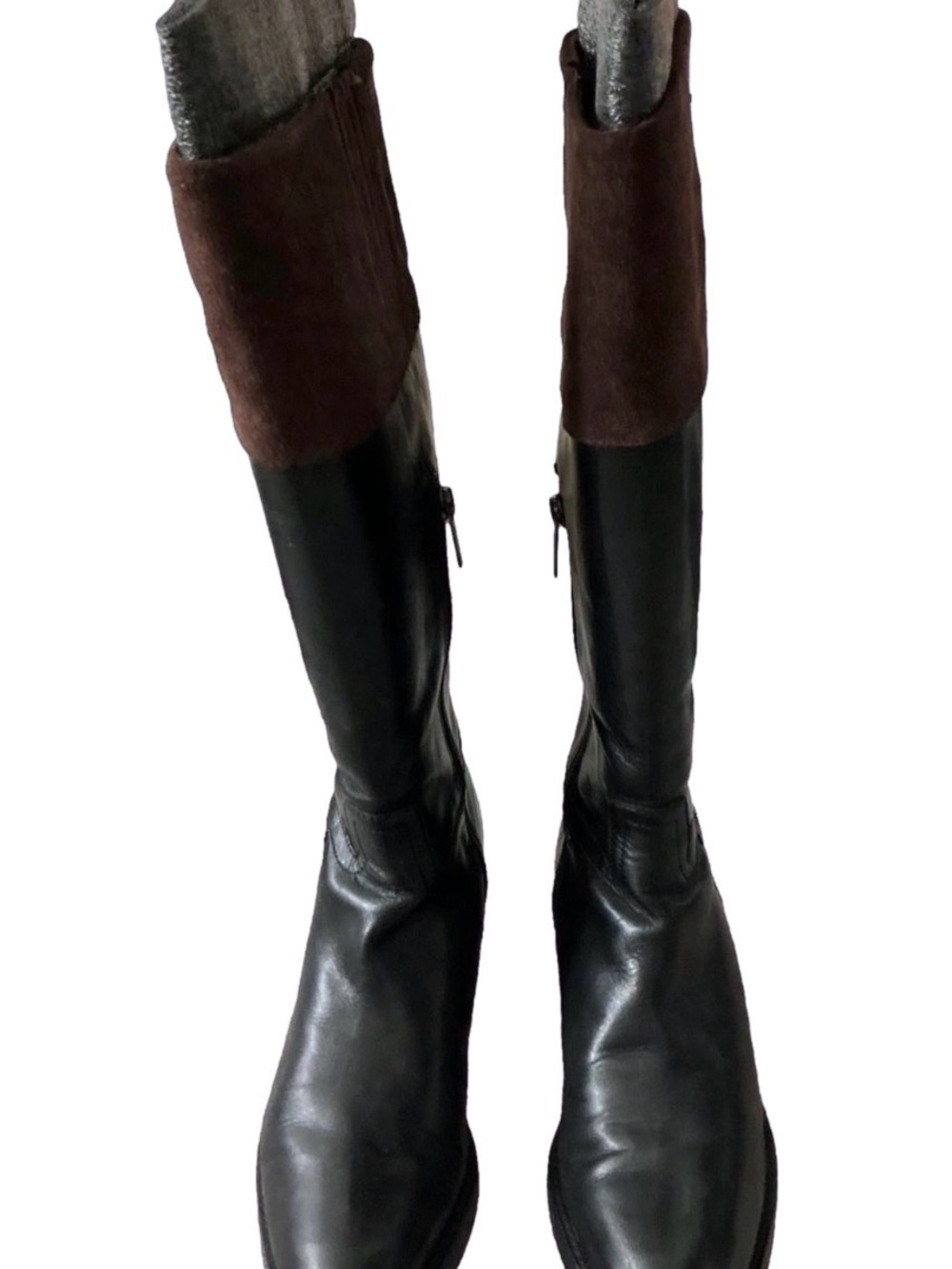 Calvin Klein Black Leather Over-the-Knee Boots with Brown Suede Cuff